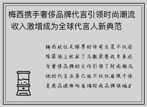 梅西携手奢侈品牌代言引领时尚潮流 收入激增成为全球代言人新典范