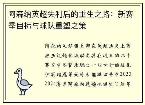 阿森纳英超失利后的重生之路：新赛季目标与球队重塑之策