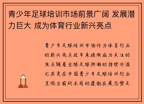青少年足球培训市场前景广阔 发展潜力巨大 成为体育行业新兴亮点