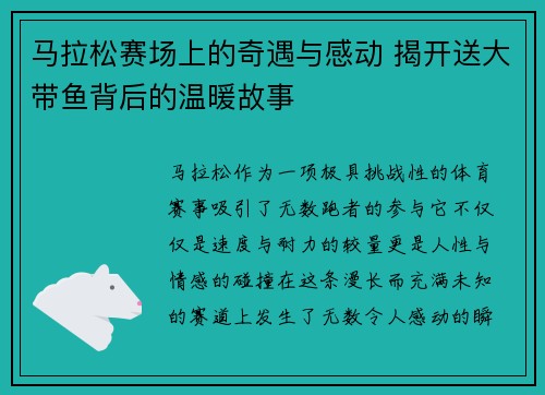 马拉松赛场上的奇遇与感动 揭开送大带鱼背后的温暖故事