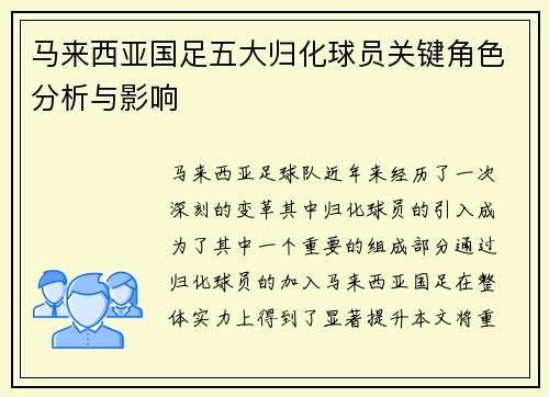 马来西亚国足五大归化球员关键角色分析与影响